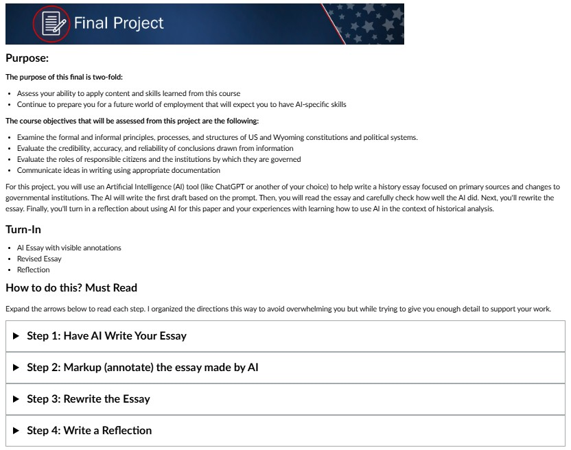 Canvas assignment showing a scaffolded four-step process: AI essay generation, annotation for accuracy and sources, revision, and reflection